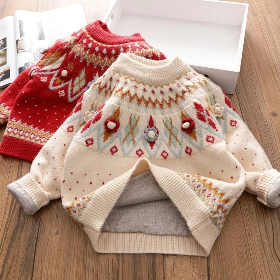 【小扬推荐】女童加绒毛衣儿童打底针织衫大童复古提花加厚冬季上衣
