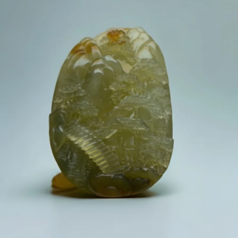 岫玉天然俏色手工雕刻［富贵山水牌］