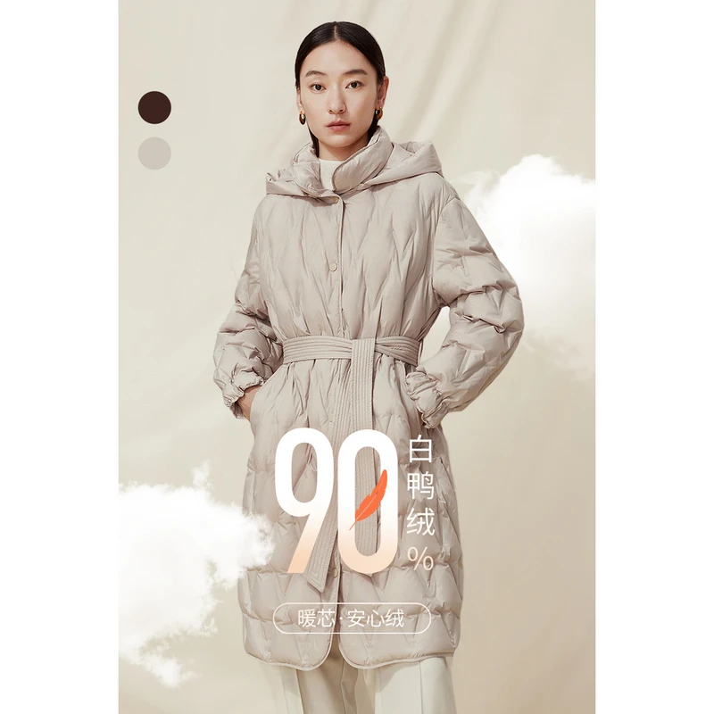 dunnu收腰冬季白鸭绒加厚通勤风过膝厚款女款敦奴羽绒服FS5Y2106