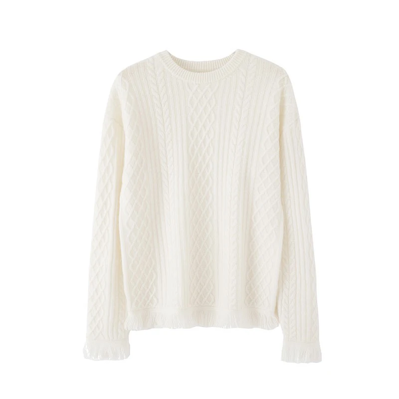 手工流苏 羊绒针织衫毛衣女圆领显瘦复古扭花羊绒衫两件套装