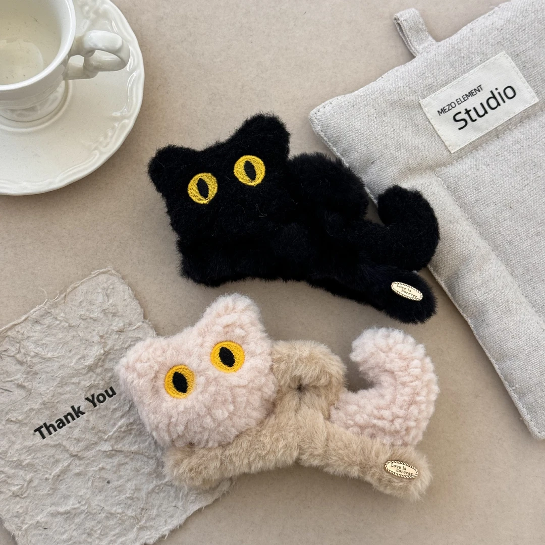 2024新款秋冬毛绒卡通立体猫咪抓夹可爱公主盘发鲨鱼夹发夹后脑勺