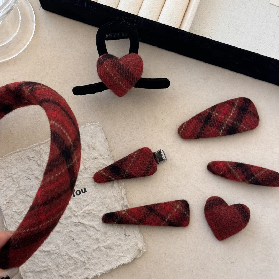 法式复古秋冬红色格纹水滴发夹节日氛围气质时尚少女侧边夹刘海夹