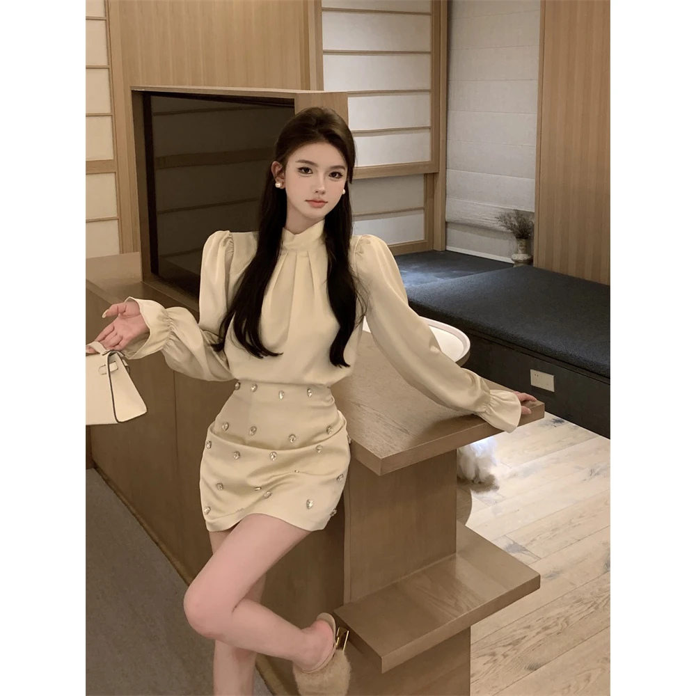 法式泡泡袖衬衫上衣时尚百搭减龄镶钻高腰气质半身裙名媛风套装女