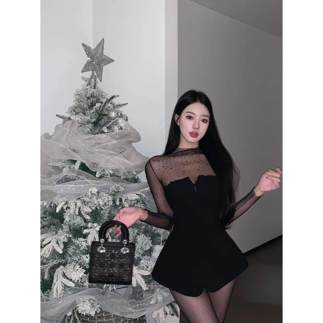 时尚精致烫钻网纱抹胸气质名媛套装御姐成熟风黑色长袖修身上衣女