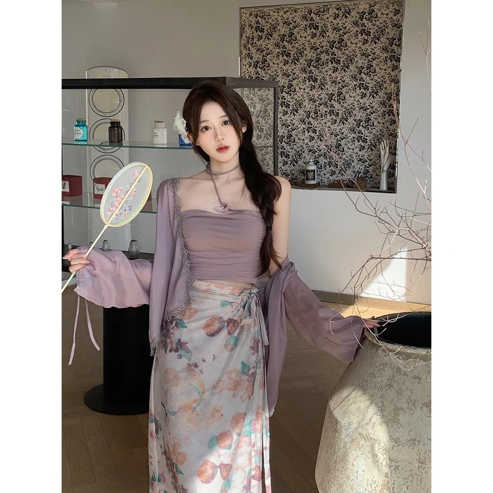 纯欲紫色网纱抹胸上衣天丝皱透感开衫复古印花半身裙三件套装女