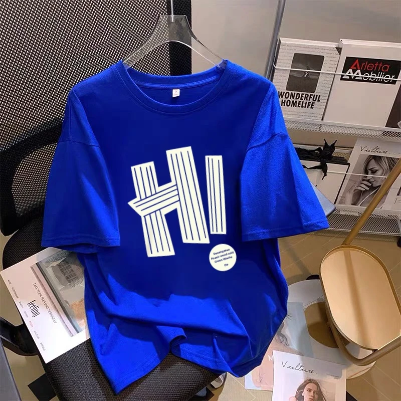 【100%棉】克莱因蓝色纯棉短袖t恤女宽松2025设计感百搭圆领上衣