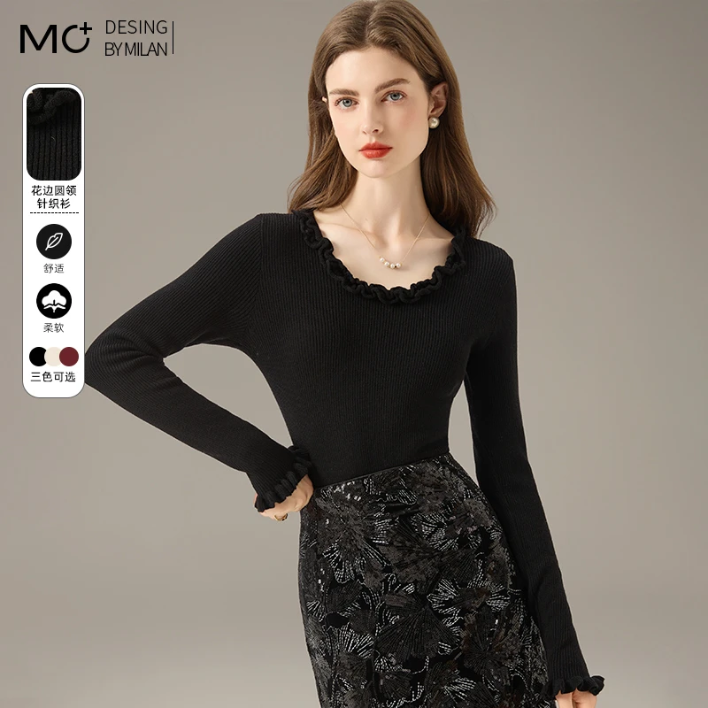 木耳边毛衣针织衫上衣女可外穿2025春季新款洋气打底衫圆领女内搭