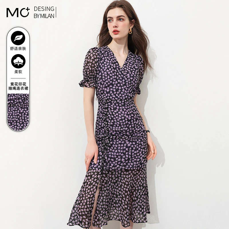 2025夏季新款V领短袖开叉蛋糕裙气质碎花雪纺高级感鱼尾连衣裙子