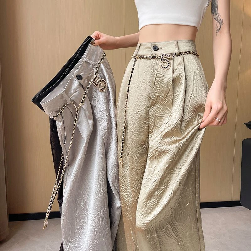 缎面褶皱肌理感窄版阔腿裤女2024夏新垂感冰丝薄款凉凉拖地休闲裤