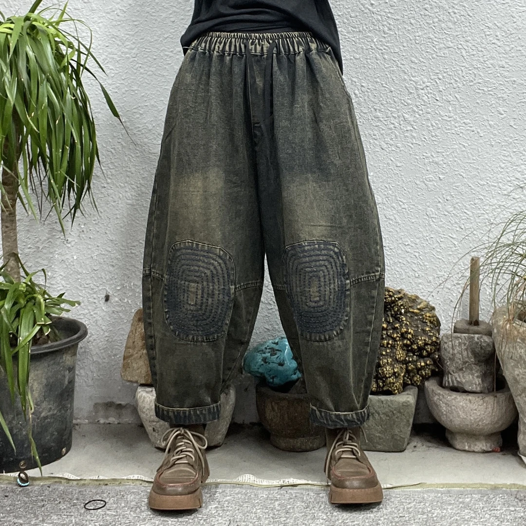 8520-1蓝两膝盖圆圈走线指纹型炒色哈伦牛仔裤（长86臀围140脚口46