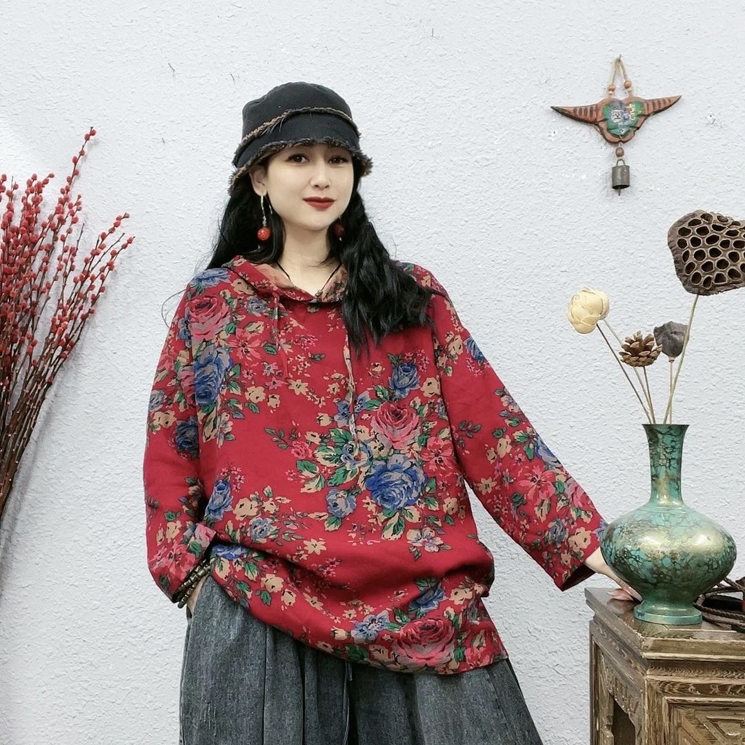 9125东北大花麻纱帽衫上衣（长73胸围126