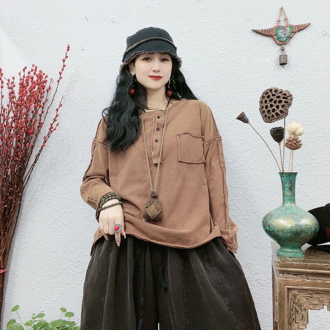 136炒色棉T领口扣子上衣（长61胸围130