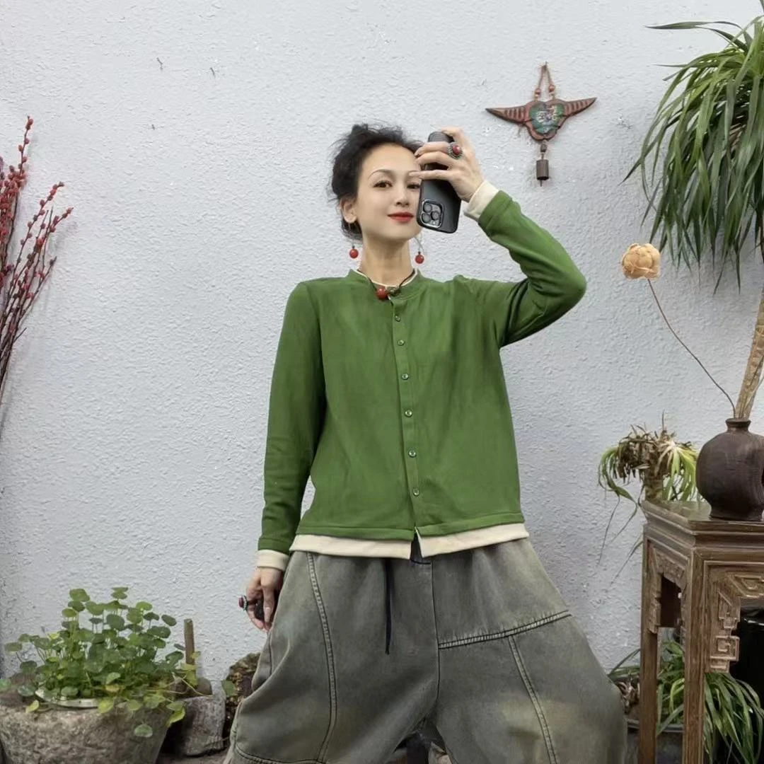 240059双面绒假扣撞色边圆领打底上衣（长58胸围120-150