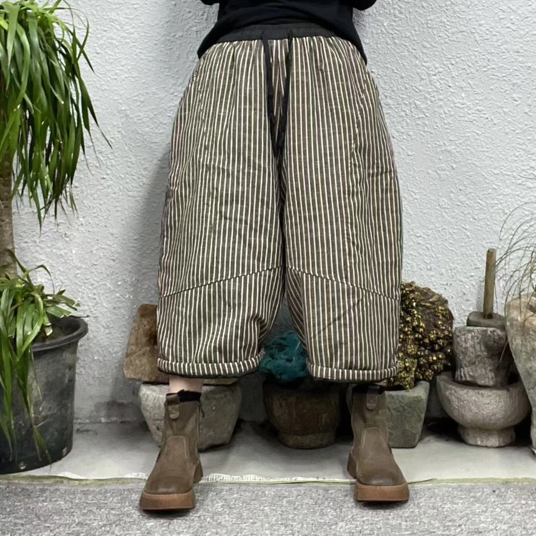 7858夹棉内竖压色织麻竖条纹八分休闲裤（长79臀围132脚口64