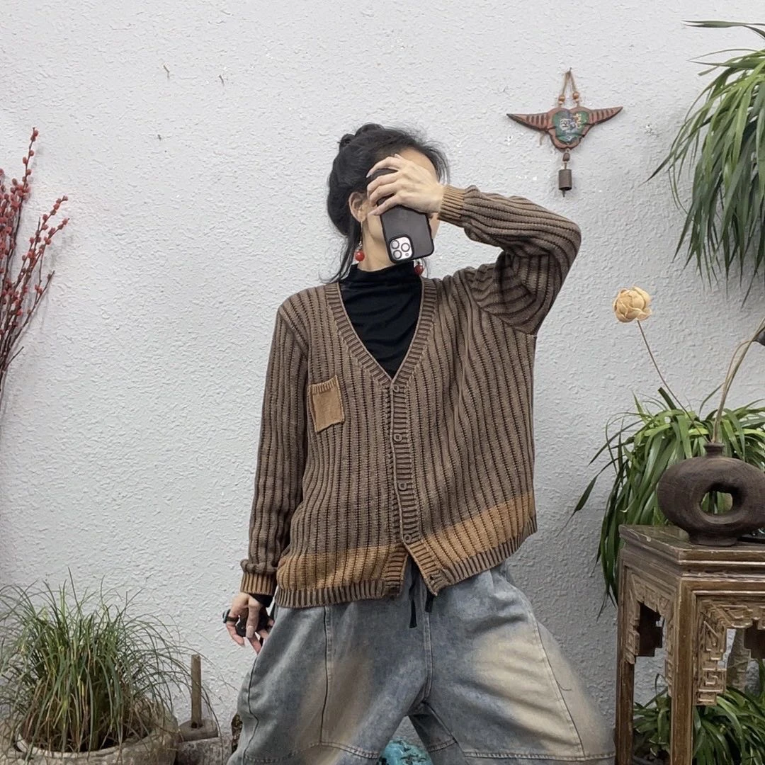 7112炒色棉线下摆撞色毛衣开衫上衣（长61胸围140