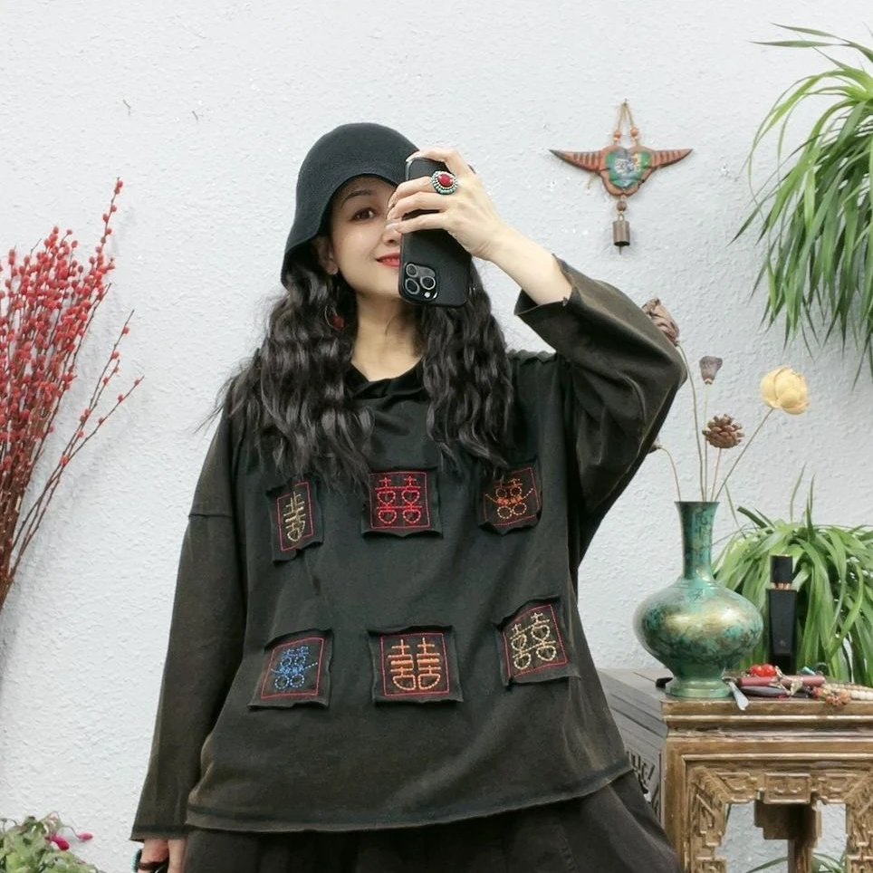 9936春款绣喜六喜炒色帽衫上衣（长62胸围136