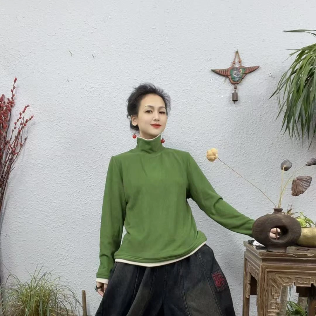 999双面绒撞色领高领打底上衣（长60胸围116-150