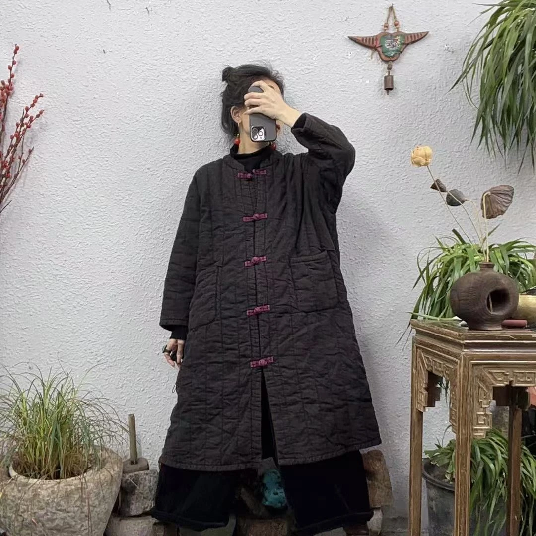 071夹棉竖压纹紫盘扣炒色亚麻中长款棉袄外套（长99胸围140