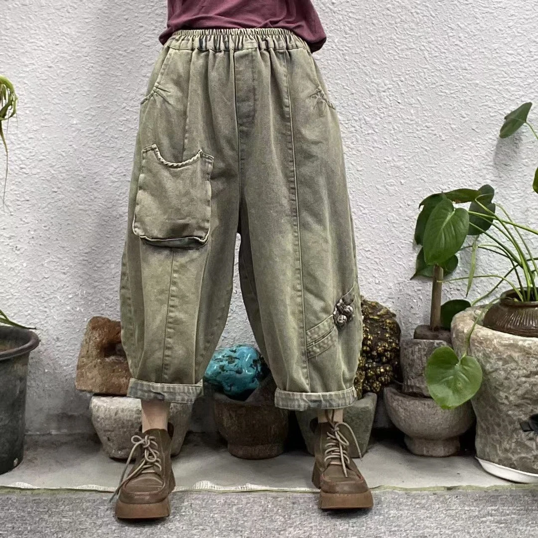 8807春右腿口袋左腿斜两盘扣炒色内抽绳牛仔裤（长80臀围128脚口48