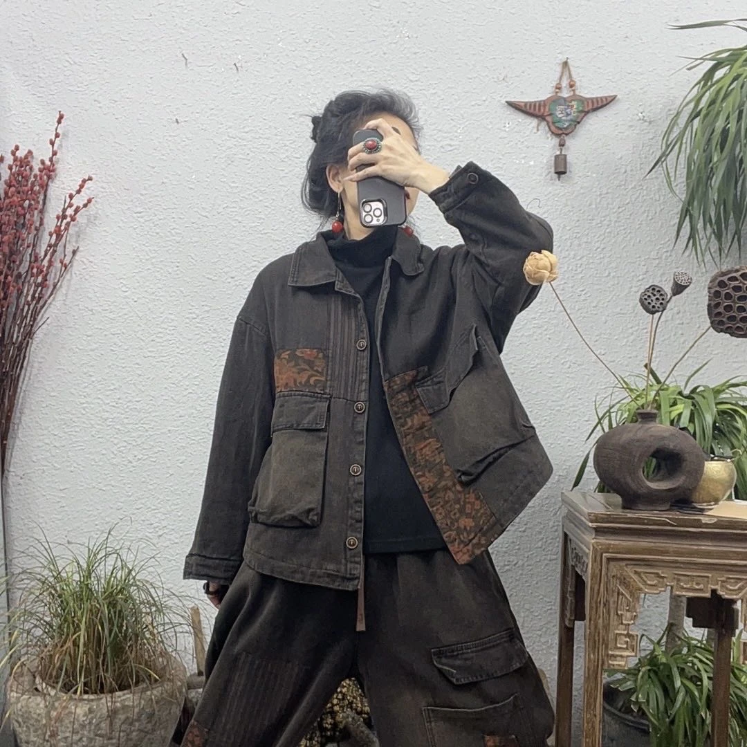 690-1夹棉拼花布老布翻领炒色牛仔外套（前63后65胸围134