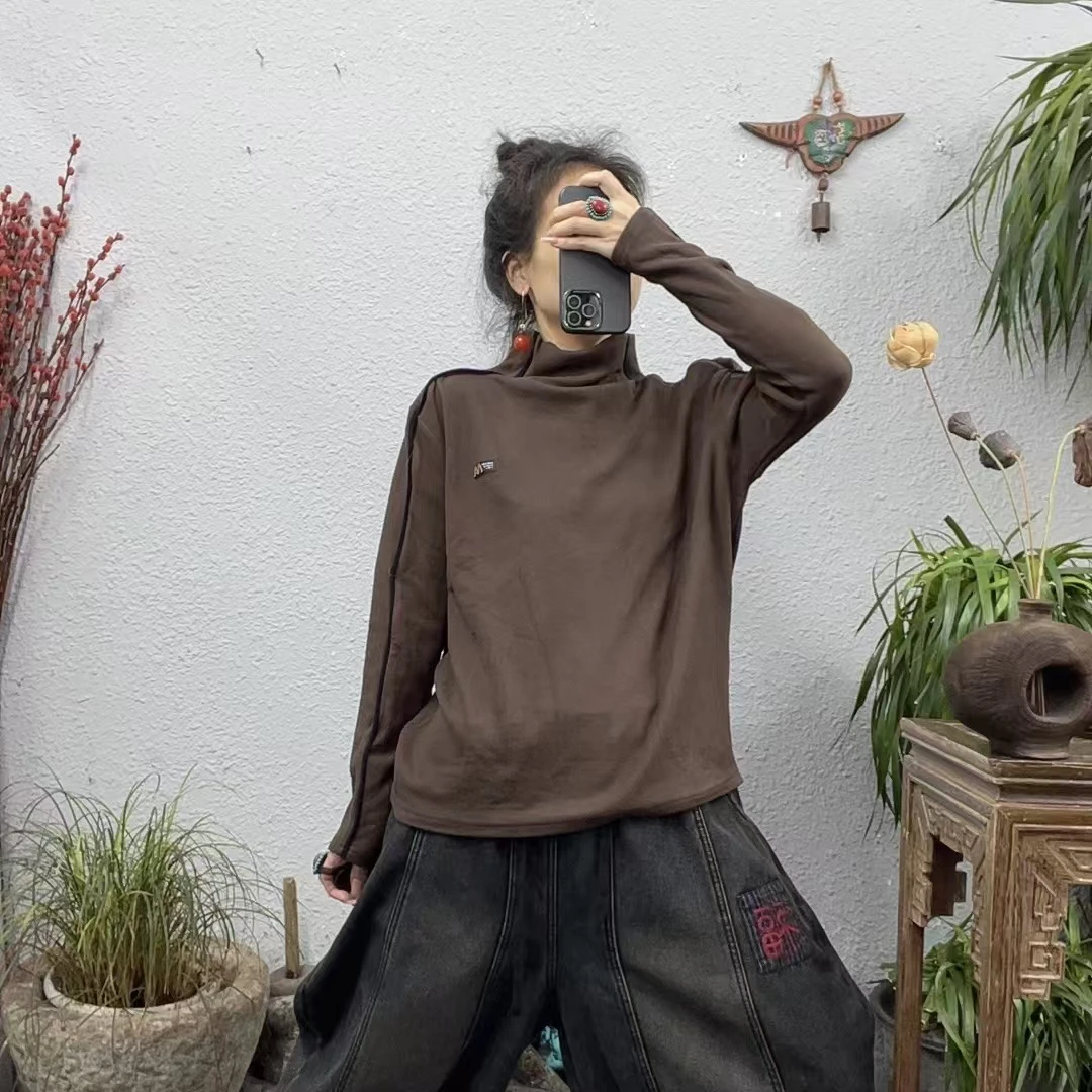 958双面绒肩膀拼条左胸贴布M中领打底上衣（长60胸围116-160