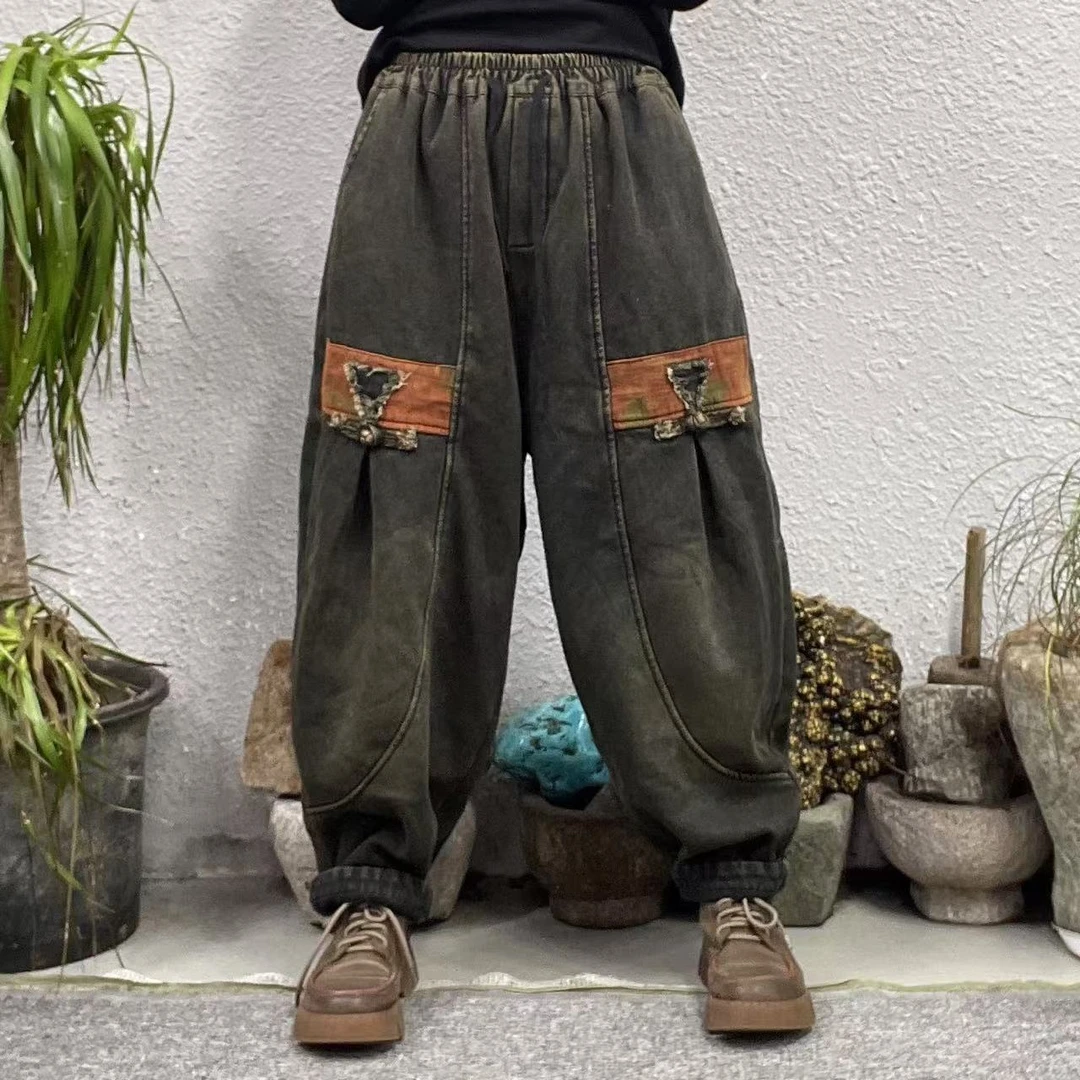 5023加绒两腿拼花盘扣炒色牛仔裤（长95臀围126脚口38