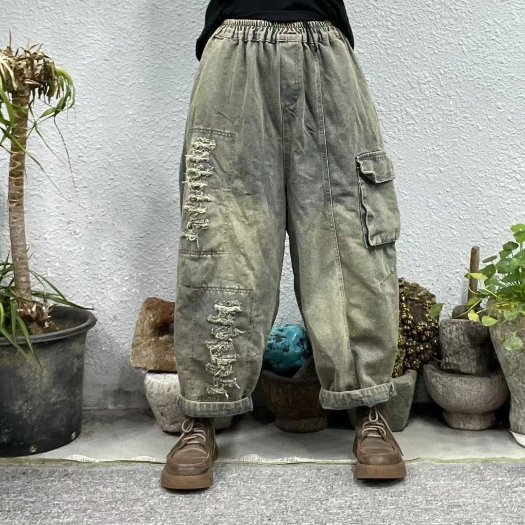 8826春右腿假破洞左侧口袋内抽绳炒色牛仔裤（长89臀围130脚口50