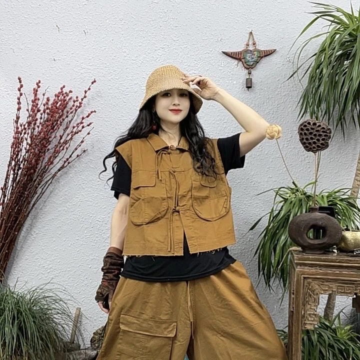 33382-1三盘扣飘带翻领水洗棉马甲（前53后57胸围122