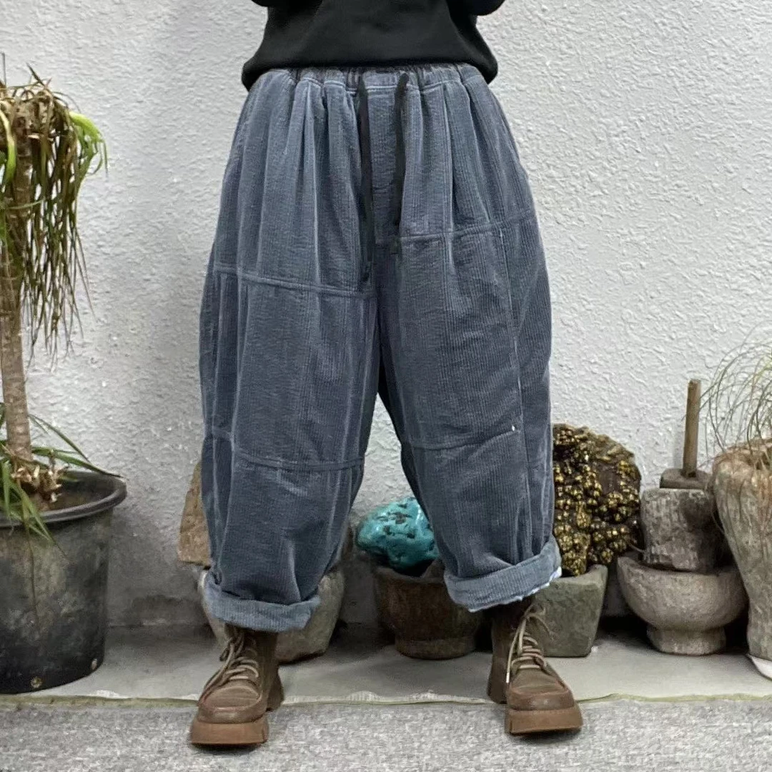 9982夹棉不对称横线内竖压灯芯绒休闲裤（长82臀围128脚口54