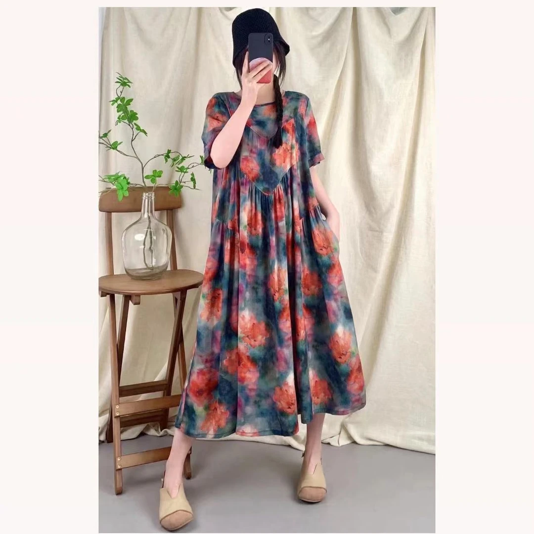 2610-2绿蓝底红花棉麻圆领三角打皱连衣裙（长115胸围116