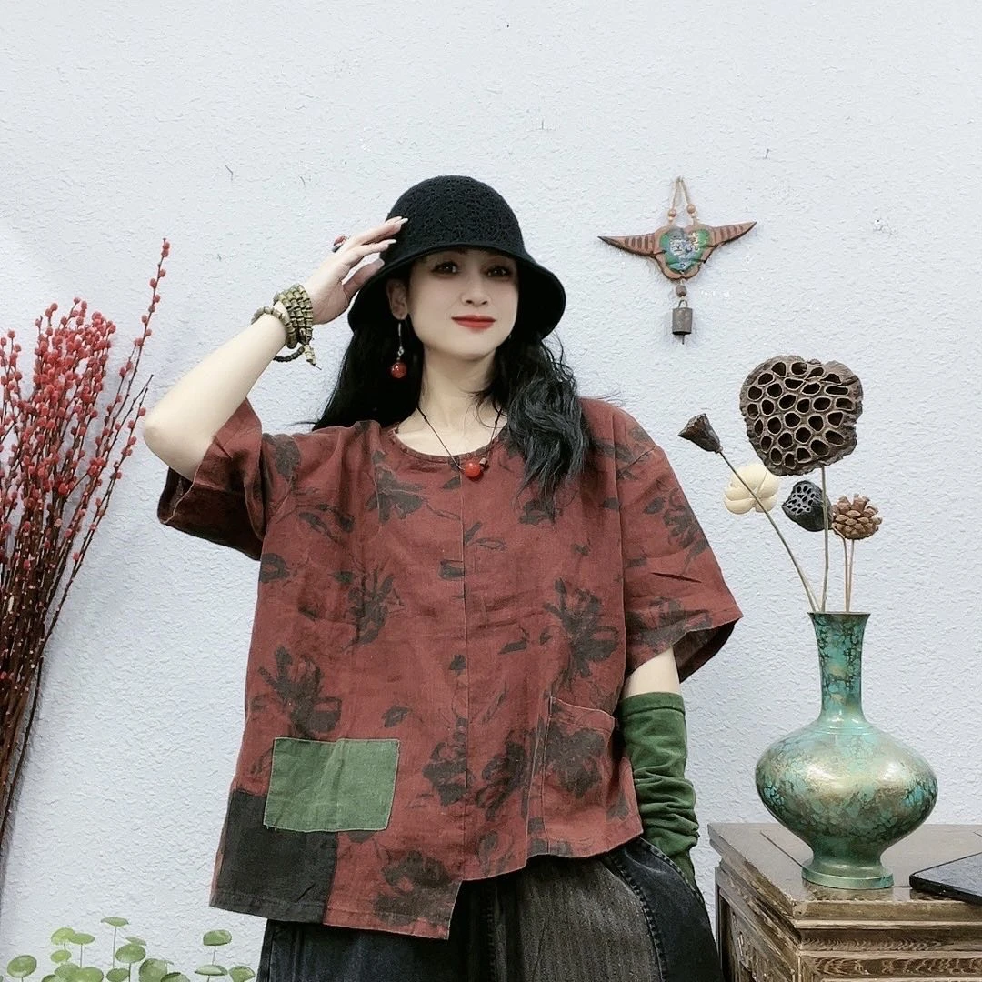 3175左下角贴布亚麻炒色上衣（长62胸围128