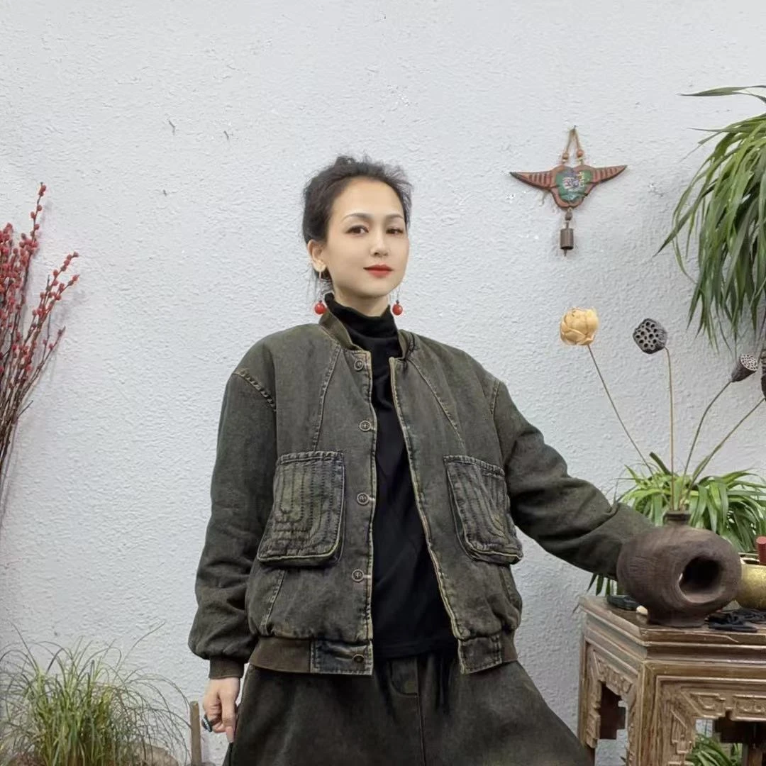 3021夹棉两口袋绣方格棒球领炒色牛仔棉袄外套（长60胸围120