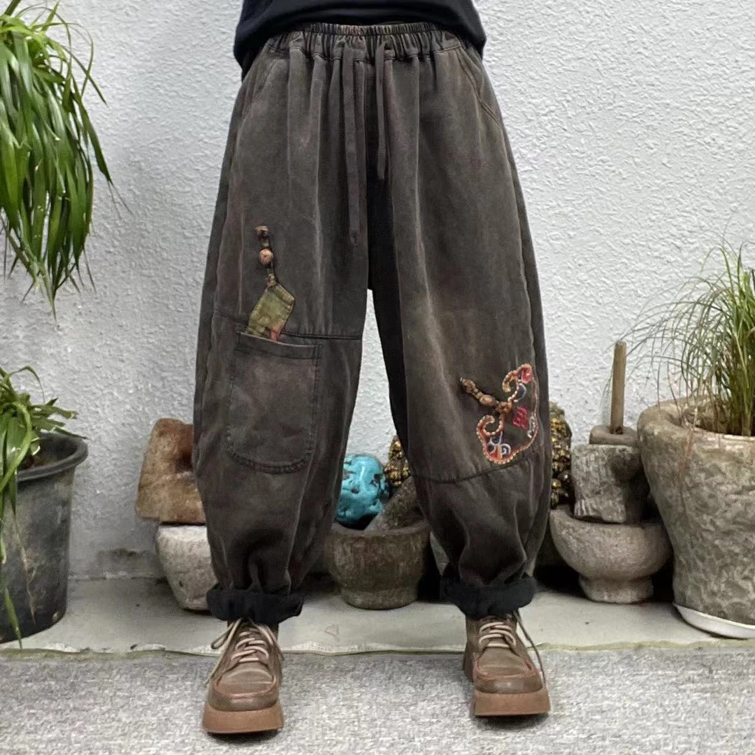 713加绒左膝盖绣祥云红福右腿口袋炒色牛仔裤（长94臀围138脚口34