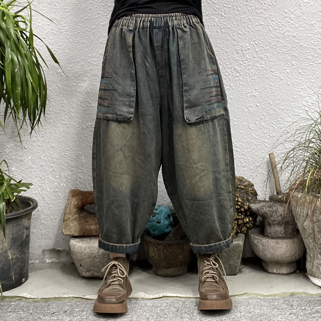 8552口袋绣黑蓝红炒色牛仔裤（长84臀围126脚口38