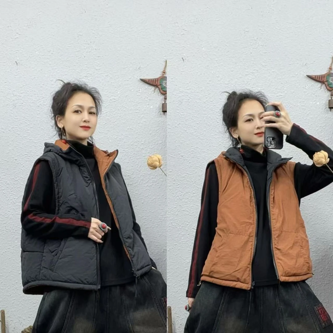 801黒拼桔夹棉里外撞色两面穿带帽马甲（前57后63胸围122