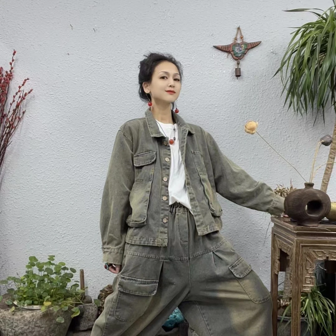 5512春翻领大口袋炒色牛仔外套（长58胸围118