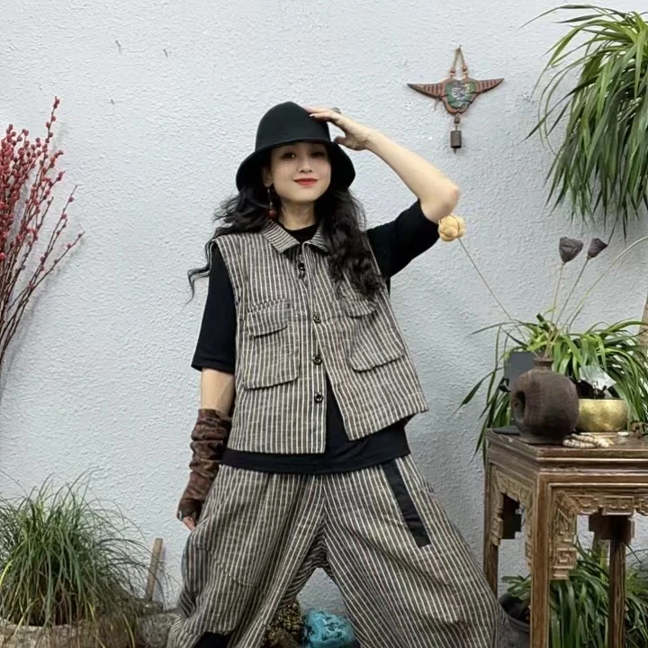 6566-1翻领竖条色织麻竖条纹马甲（前52后62胸围118