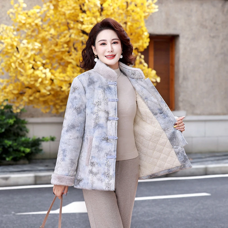 中年妈妈冬装外套加绒加厚棉衣洋气中老年女装秋冬棉衣新中式唐装
