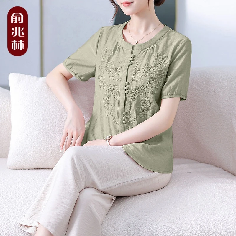 中老年人女装妈妈装2024新款套装贵夫人气质中年短袖衬衫刺绣上衣
