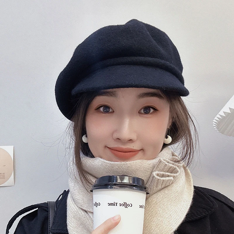 松岛绘 日系羊毛报童帽复古八角帽女秋冬毛呢贝雷帽显脸小画家帽