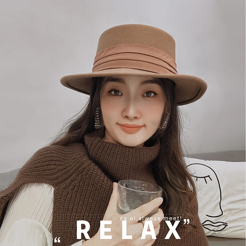 【邂逅】法式平顶帽秋冬季女羊毛毛呢礼帽平沿英伦复古大头帽子潮