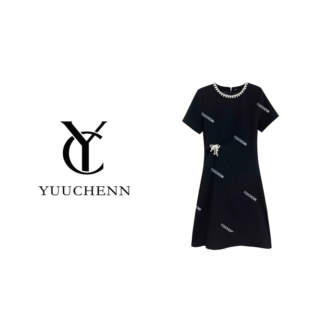 【YUUCHENN】26280轻奢收腰优雅连衣裙 高奢蕾丝气质钉珠黑色重工