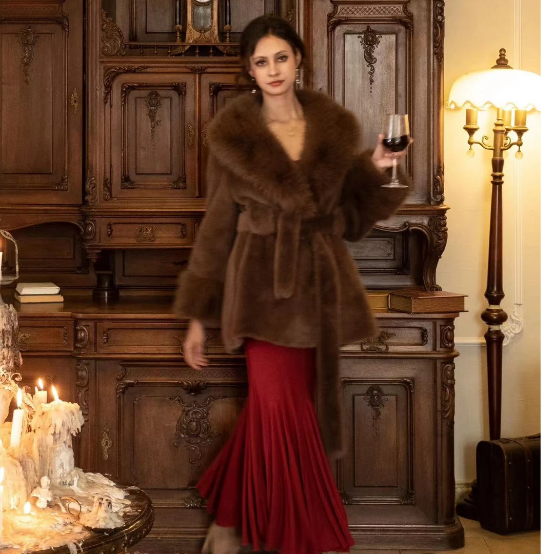 卜酒Bonjour法式复古环保皮草短款大衣腰带显瘦外套保暖秋冬款女