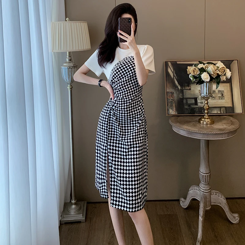 2024夏季新款圆领短袖连衣裙女时尚气质不规则法式假两件开叉长裙