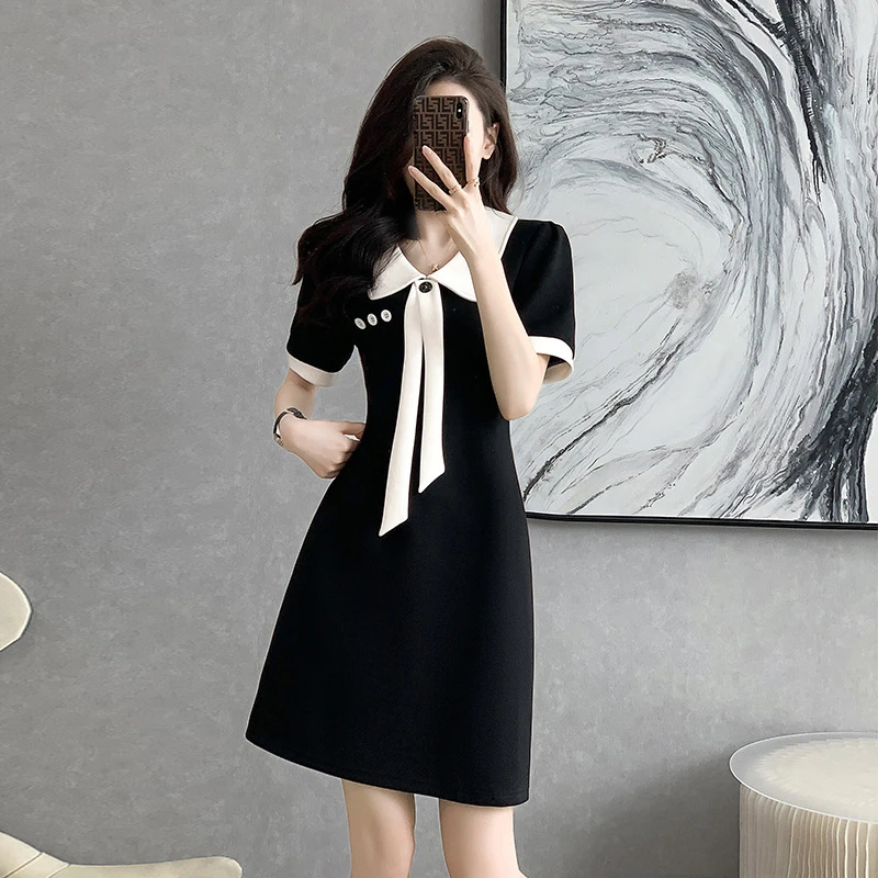 法式小香风娃娃领黑色连衣裙女春夏2024年新款时尚减龄PoloA字裙