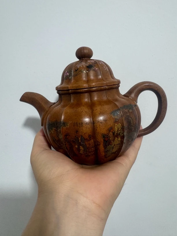 宜兴紫砂原矿珍藏泥料龙骨金砂全手工柴烧石锦文掇球紫砂壶茶壶