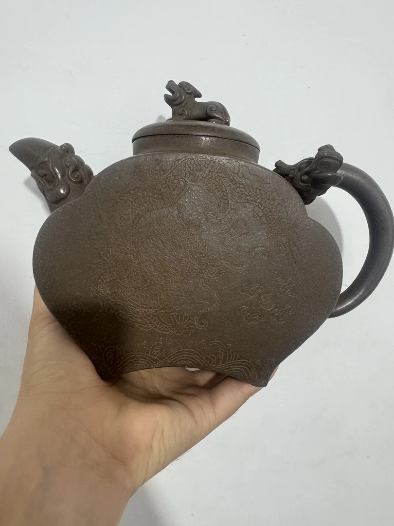 宜兴紫砂原矿珍藏老料清灰段全手工蟠龙半月壶紫砂壶茶壶