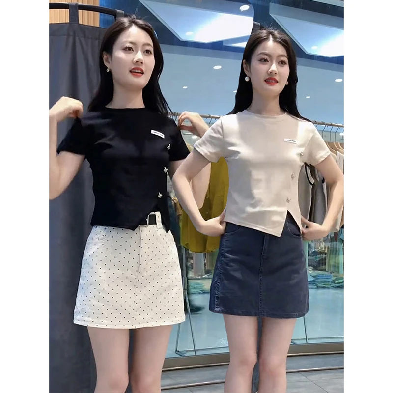 短袖女t恤夏季2024新款设计感小众正肩美式高街时尚开叉短款上衣