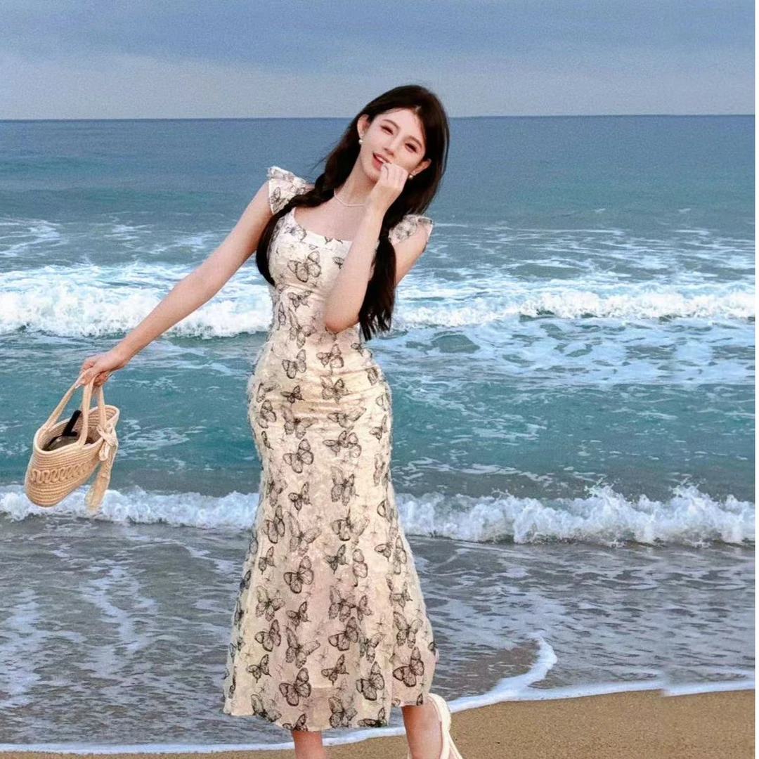 粉红pink 【梦幻谍影】水墨画蝴蝶晕染无袖连衣裙LWJ24A1Q383