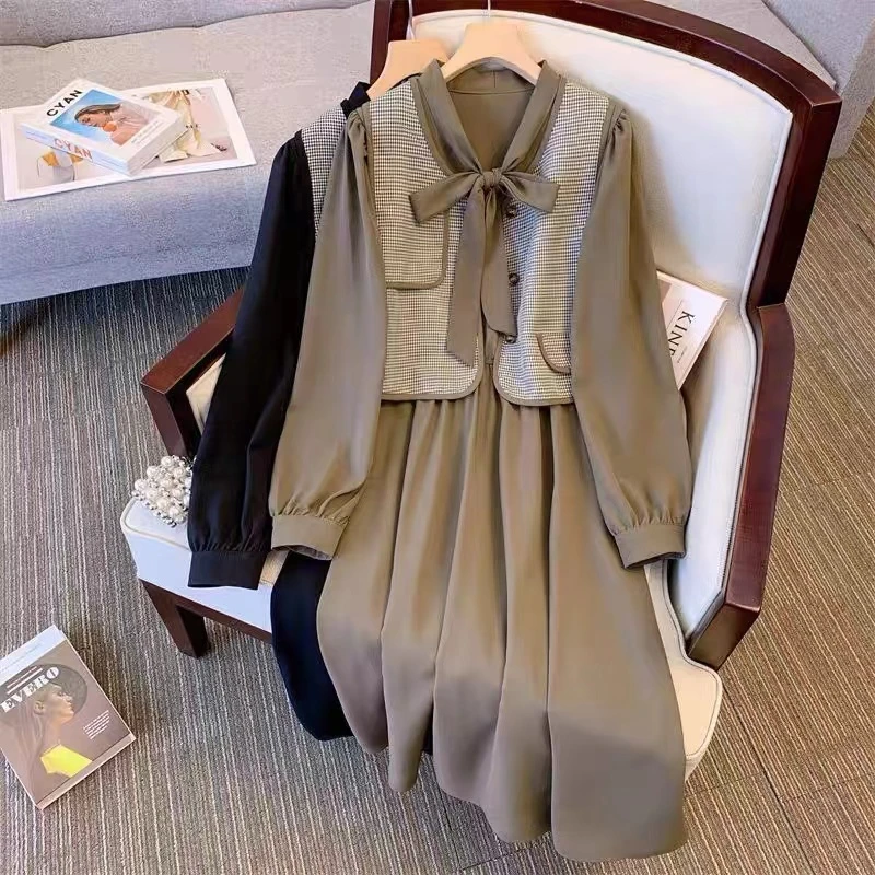 大码女装秋装 连衣裙显瘦收腰两件套法式小香风名媛高级感学院风